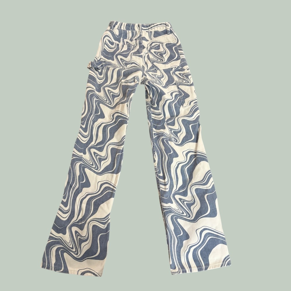 PacSun 90s BF Carpenter Jeans Blue White Marble Swirl Print Pants 25 - Picture 2 of 11